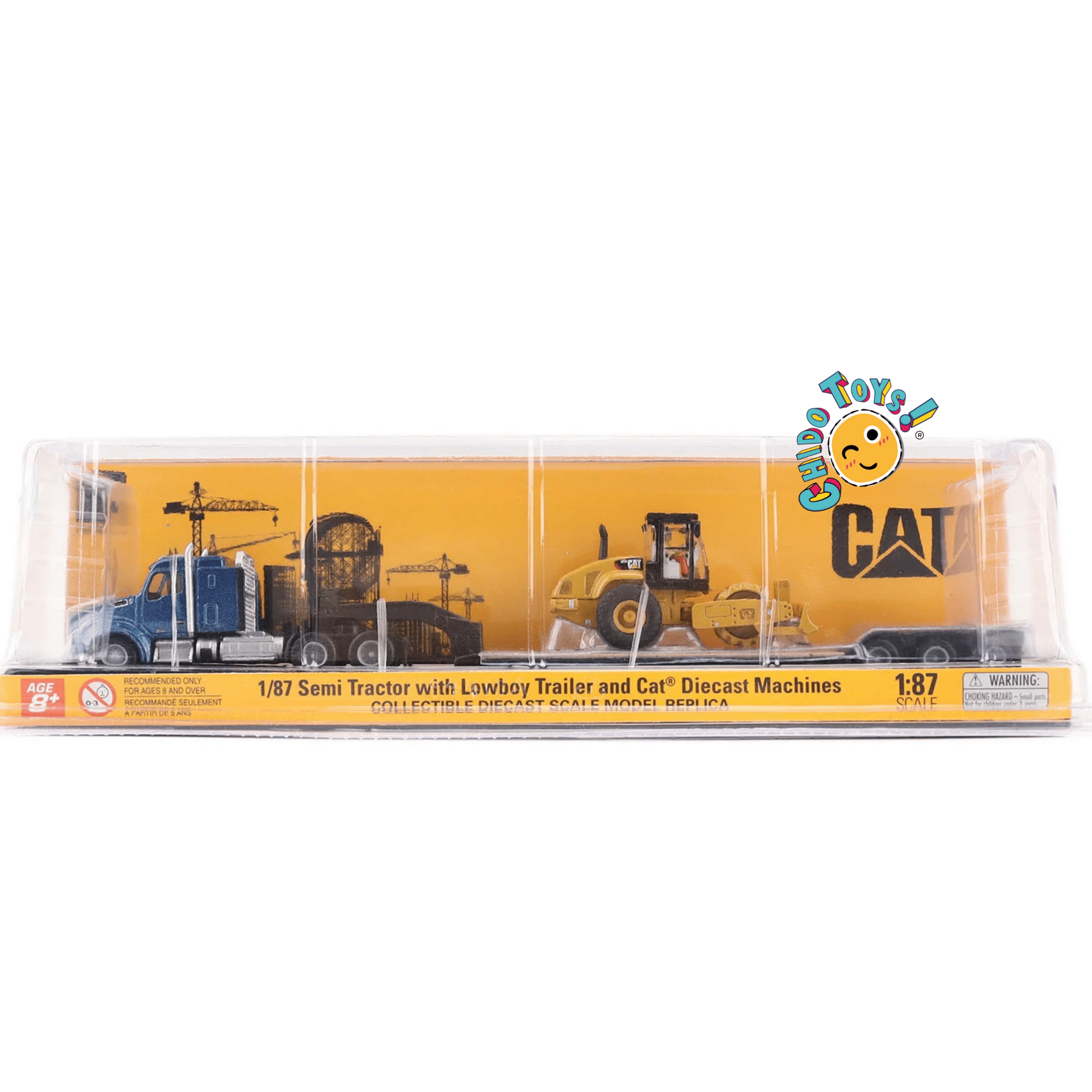 Kenworth T880 azul con lowboy y rodillo CAT 1:87 diecast - Chido Toys