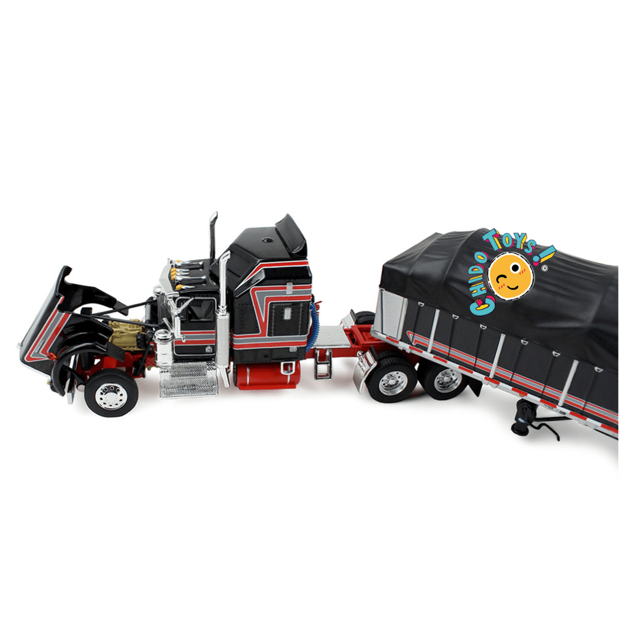 Kenworth W900A con remolque cubierto a escala 1:64 DCP – Réplica metálica con cofre abatible - Chido Toys
