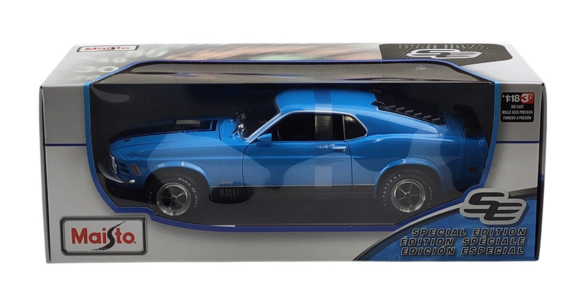 Maisto 1970 Ford Mustang Boss 429 Special Edition 1:18 azul con apertura de cofre y puertas - Chido Toys