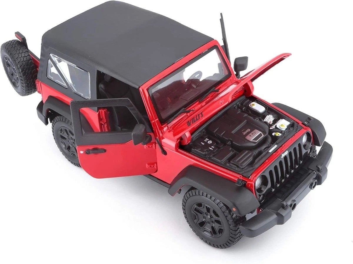 Maisto 2014 Jeep Wrangler Willys Special Edition 1:18 rojo con apertura de cofre y puertas - Chido Toys