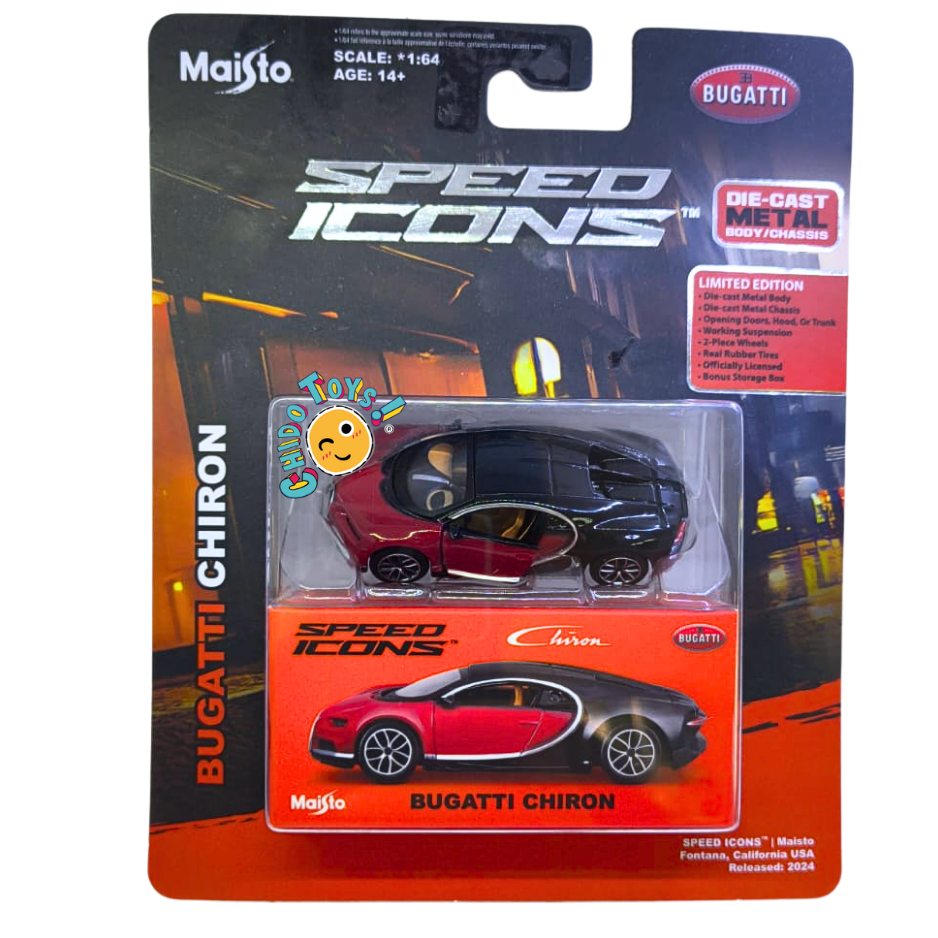 Maisto Bugatti Chiron Speed Icons 1:64 rojo y negro funcional - Chido Toys