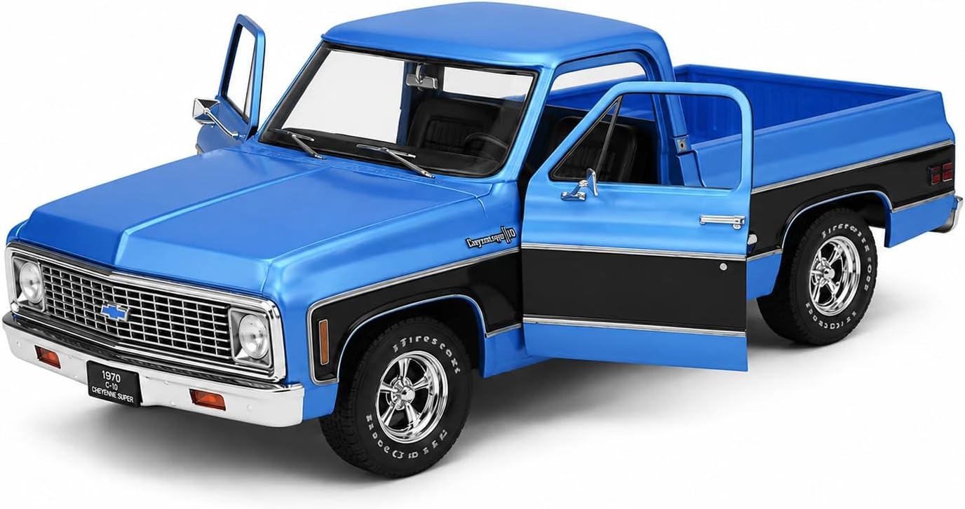 Maisto Chevrolet C10 Cheyenne Super 1970 1:18 azul con puertas abatibles - Chido Toys