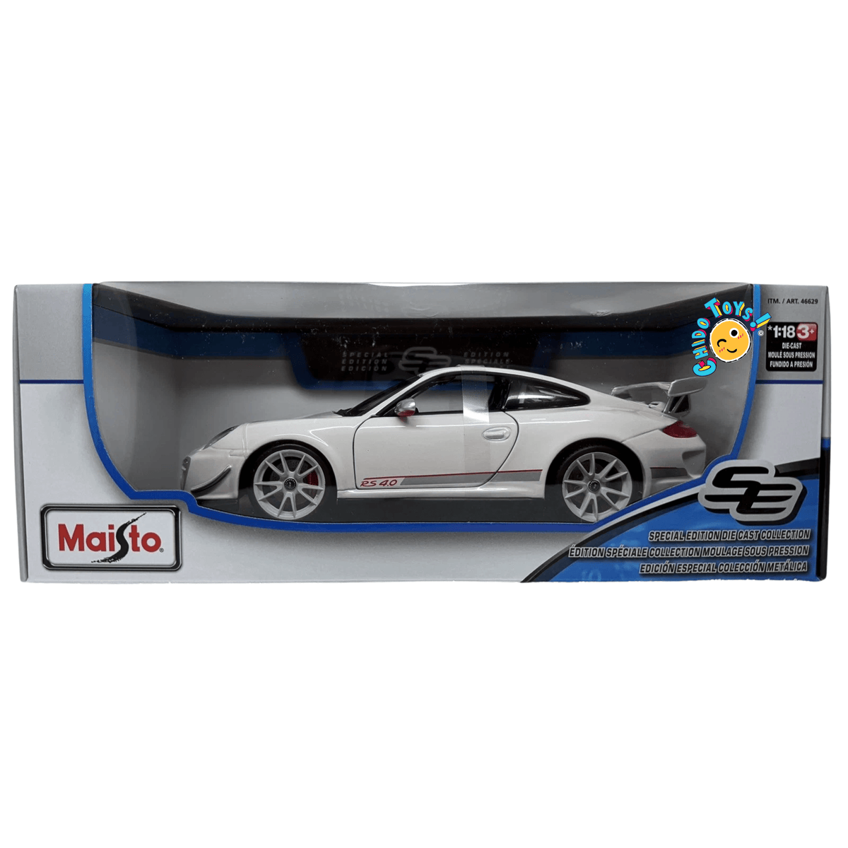 Maisto Porsche 911 GT3 RS 4.0 Special Edition 1:18 blanco con apertura de cofre, puertas y motor - Chido Toys