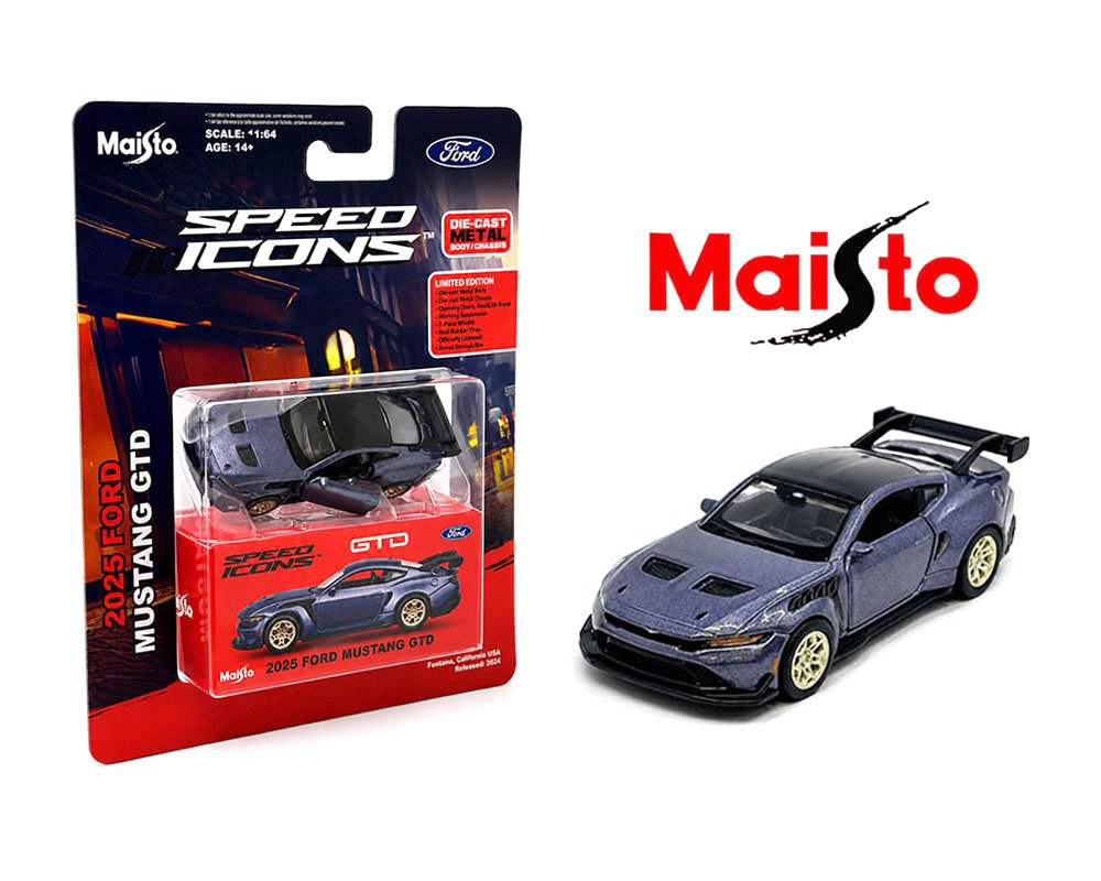 Maisto Speed Icons Ford Mustang GTD 2025 1:64 morado con puertas funcionales - Chido Toys