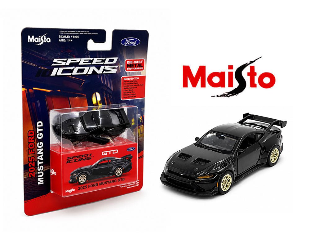 Maisto Speed Icons Ford Mustang GTD 2025 1:64 negro con rines dorados - Chido Toys