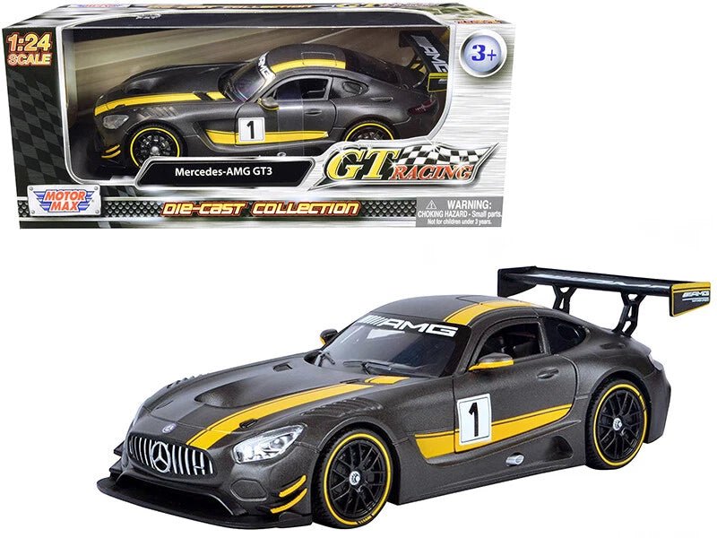 Mercedes - Benz AMG GT3 escala 1:24 MotorMax – Gris mate con rayas amarillas - Chido Toys