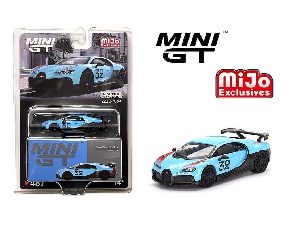 Mini GT Bugatti Divo 1:64 azul racing 32 con alerón - Chido Toys