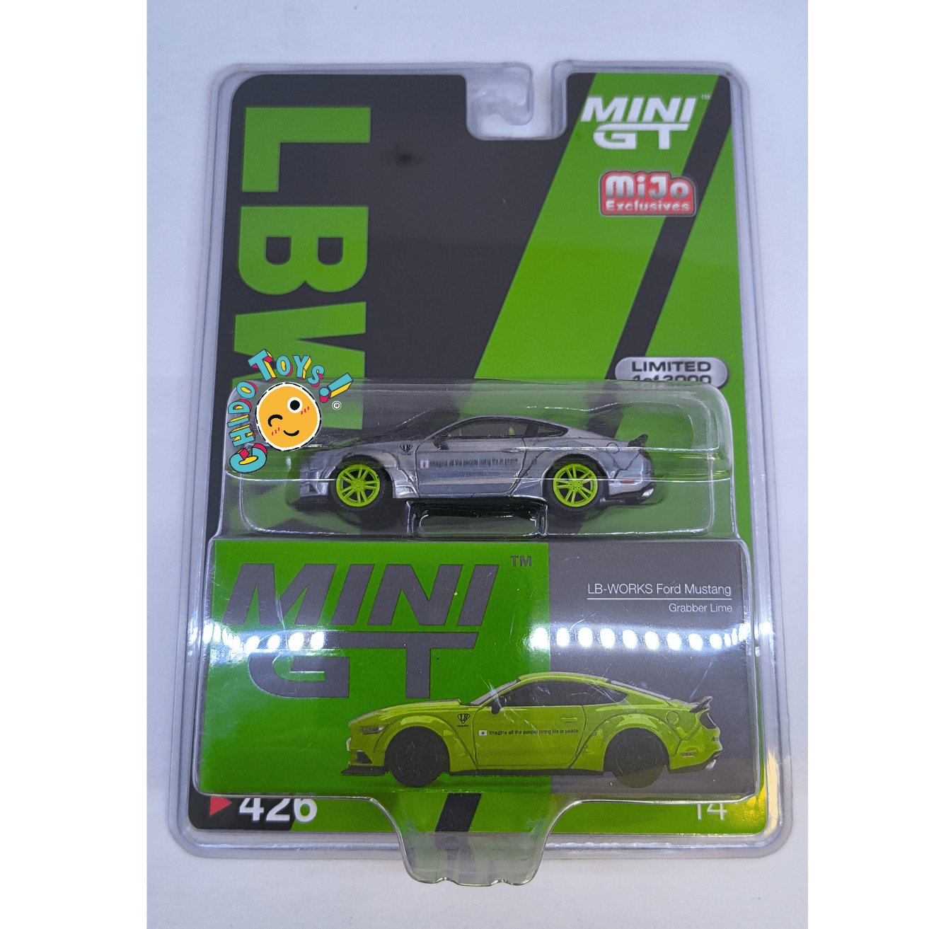 Mini GT LB - WORKS Ford Mustang Grabber Lime [CHASE Chrome Silver] 1:64 MiJo Exclusives - Chido Toys