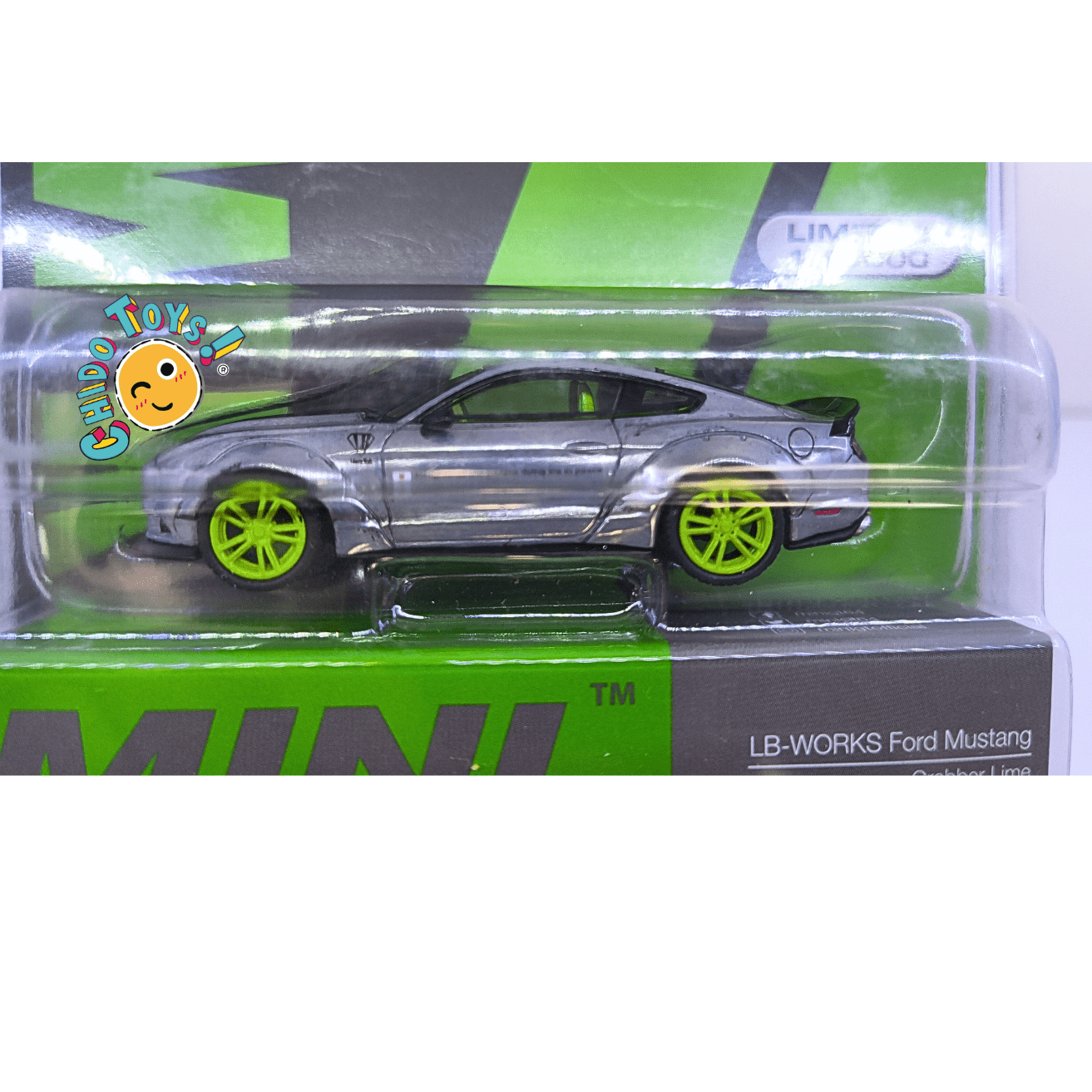 Mini GT LB - WORKS Ford Mustang Grabber Lime [CHASE Chrome Silver] 1:64 MiJo Exclusives - Chido Toys