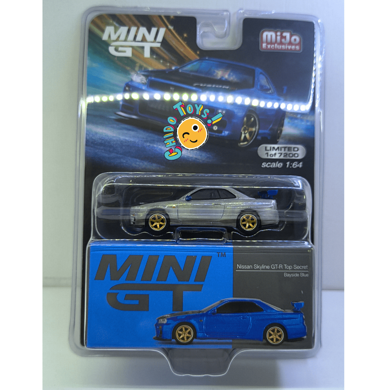 Mini GT × MiJo – Nissan Skyline GT - R R34 “Top Secret” CHASE (Silver/Gold) 1:64 - Chido Toys