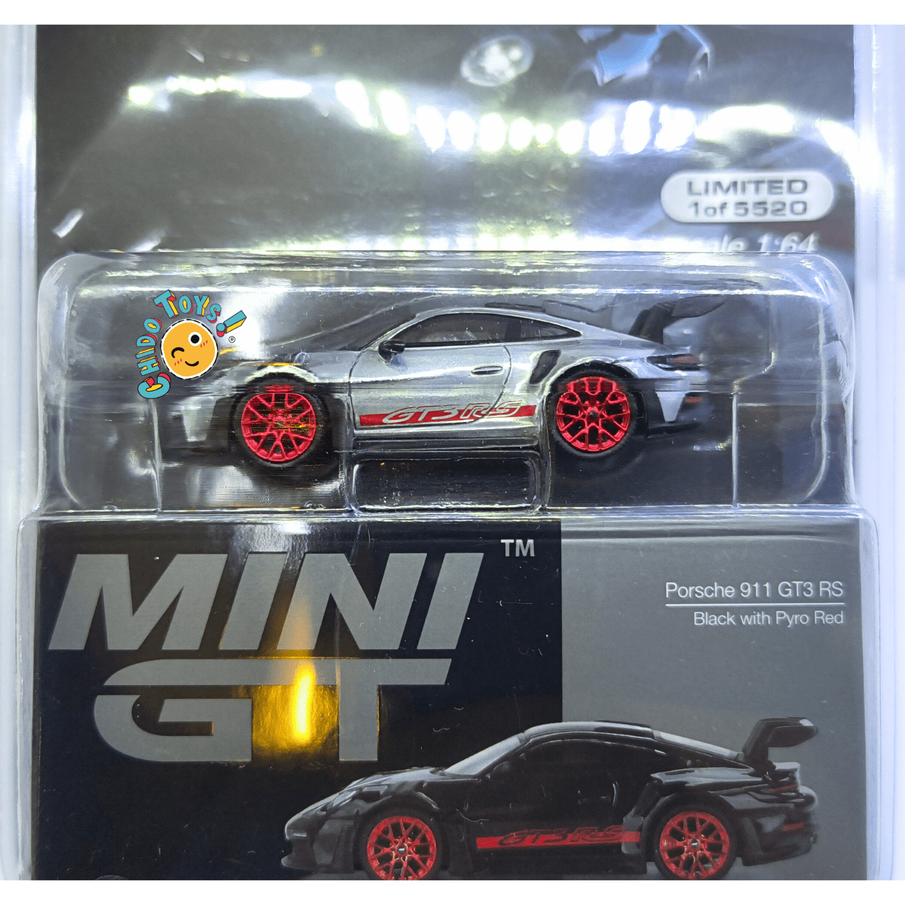 Mini GT Porsche 911 GT3 RS CHASE 1:64 negro Pyro Red - Chido Toys
