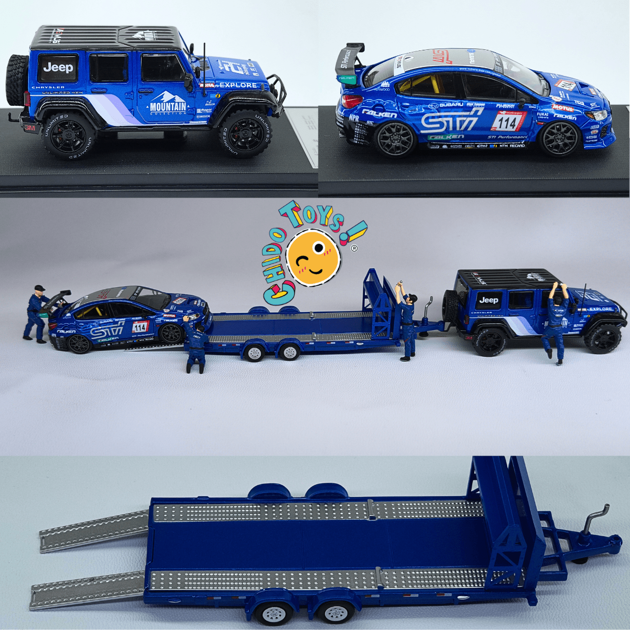 Mini Station set Jeep + Subaru STI 1:64 con remolque y capelo - Chido Toys