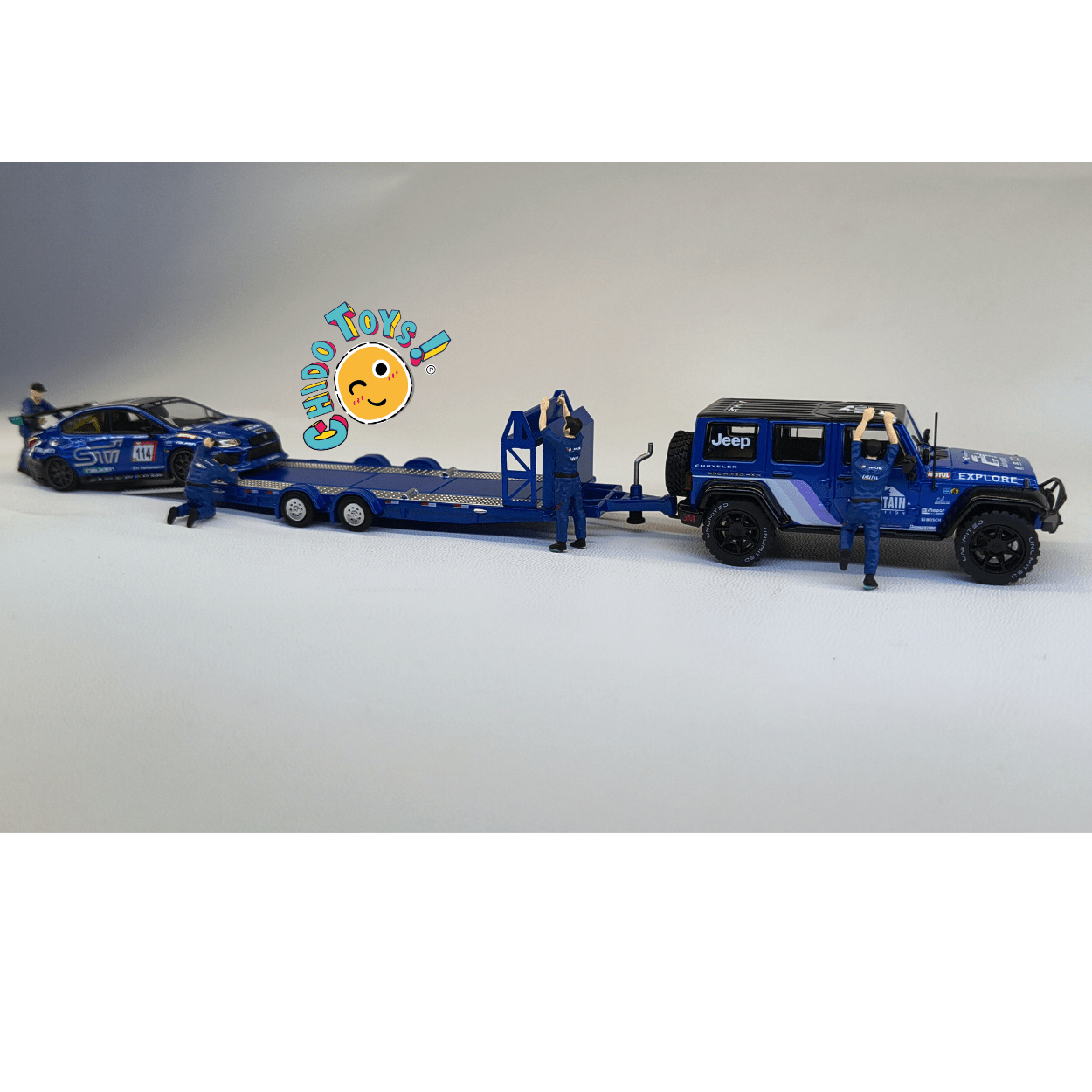 Mini Station set Jeep + Subaru STI 1:64 con remolque y capelo - Chido Toys