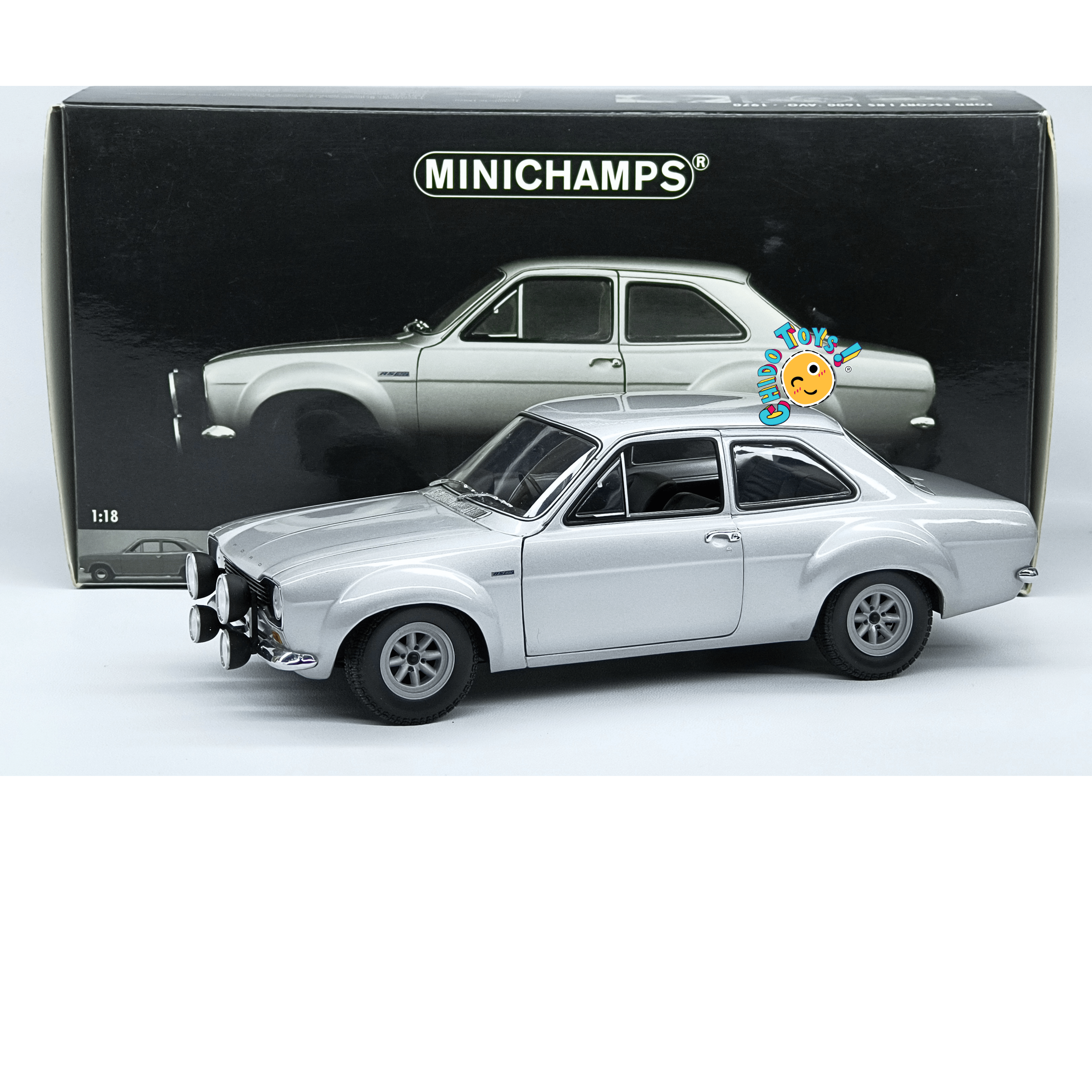 Minichamps Ford Escort I RS 1600 FAV 1970 1:18 plata con dirección funcional - Chido Toys