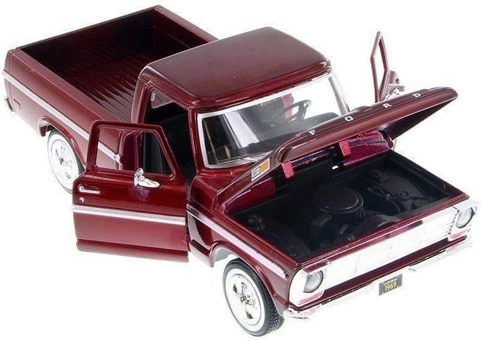 MotorMax Ford F-100 Pickup 1969 1:24 rojo metálico con apertura de cofre y puertas - Chido Toys