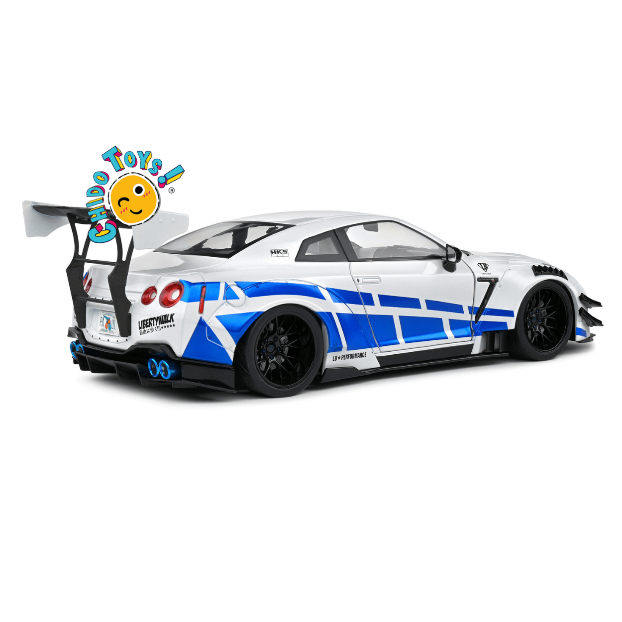 Nissan GT - R R35 Liberty Walk Blanco/Azul – Tributo Fast & Furious – Escala 1:18 Solido - Chido Toys