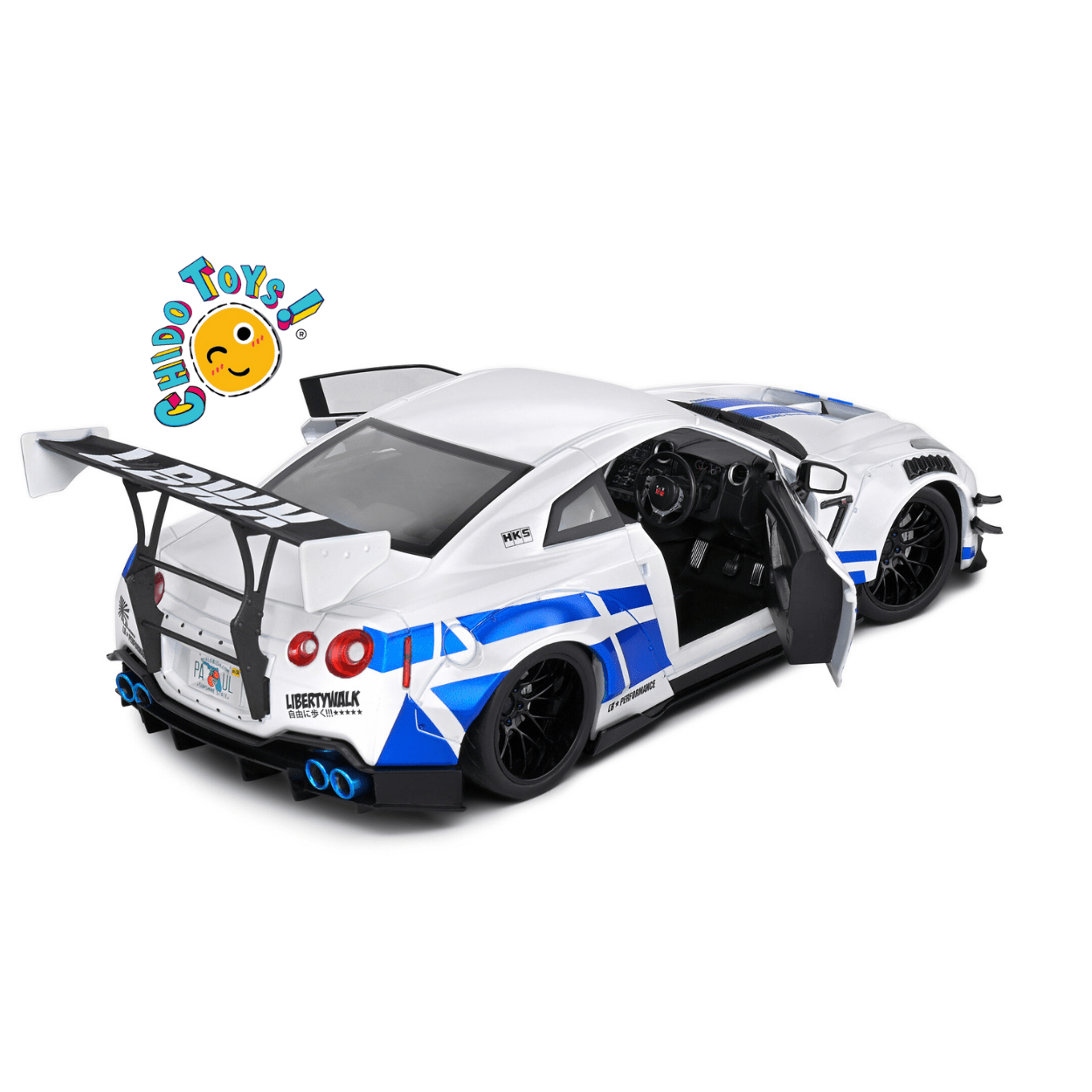Nissan GT - R R35 Liberty Walk Blanco/Azul – Tributo Fast & Furious – Escala 1:18 Solido - Chido Toys