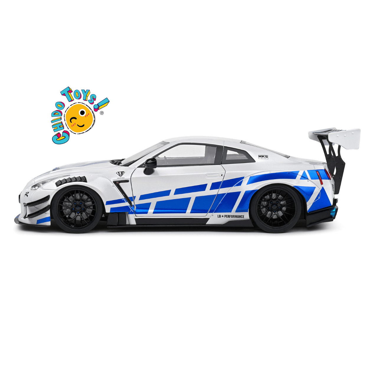 Nissan GT - R R35 Liberty Walk Blanco/Azul – Tributo Fast & Furious – Escala 1:18 Solido - Chido Toys