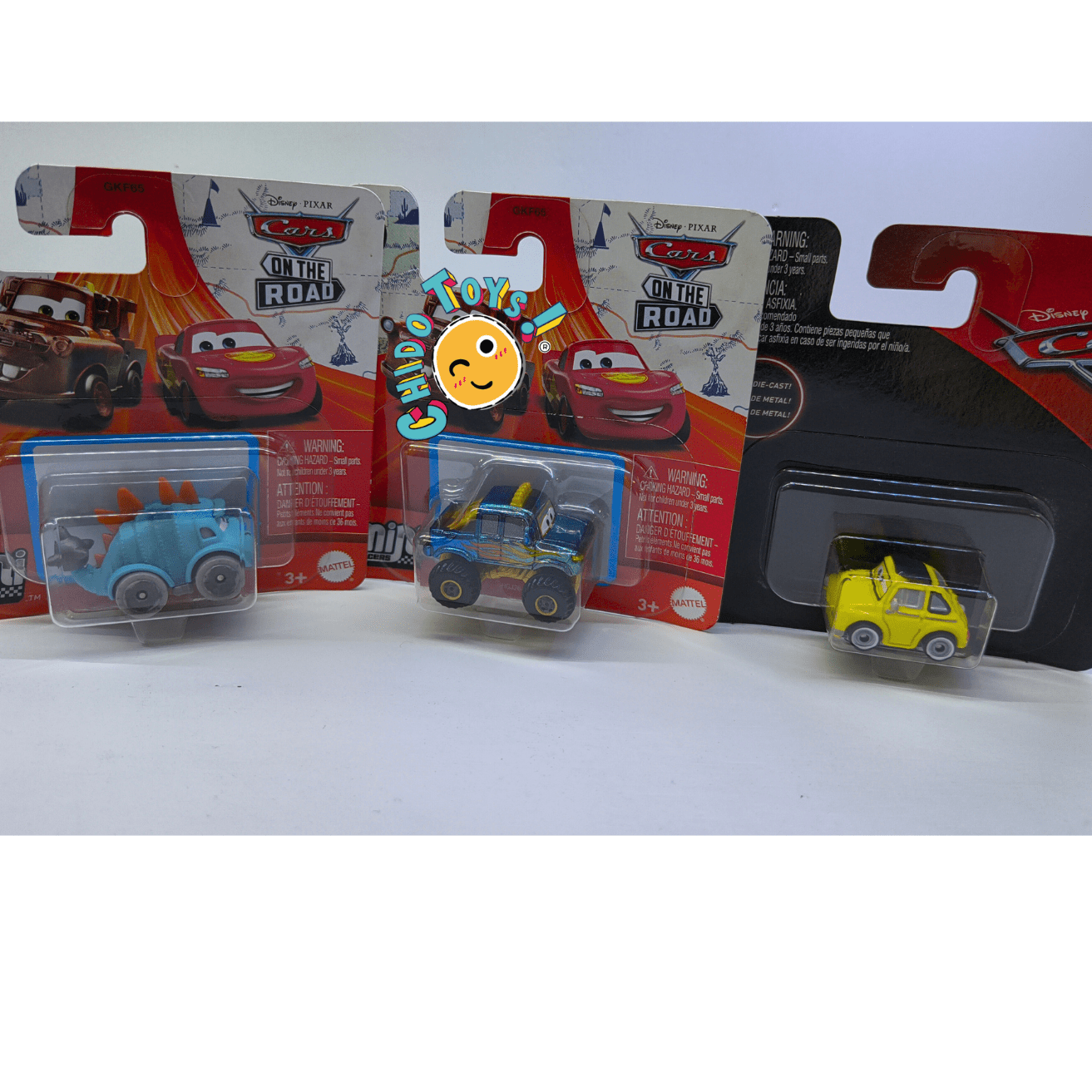 Pack 3 Mini Racers Disney•Pixar Cars “On The Road”: Hiedra (Ivy), Clankylosaurus y Luigi – Metal/Metal, rodado libre - Chido Toys