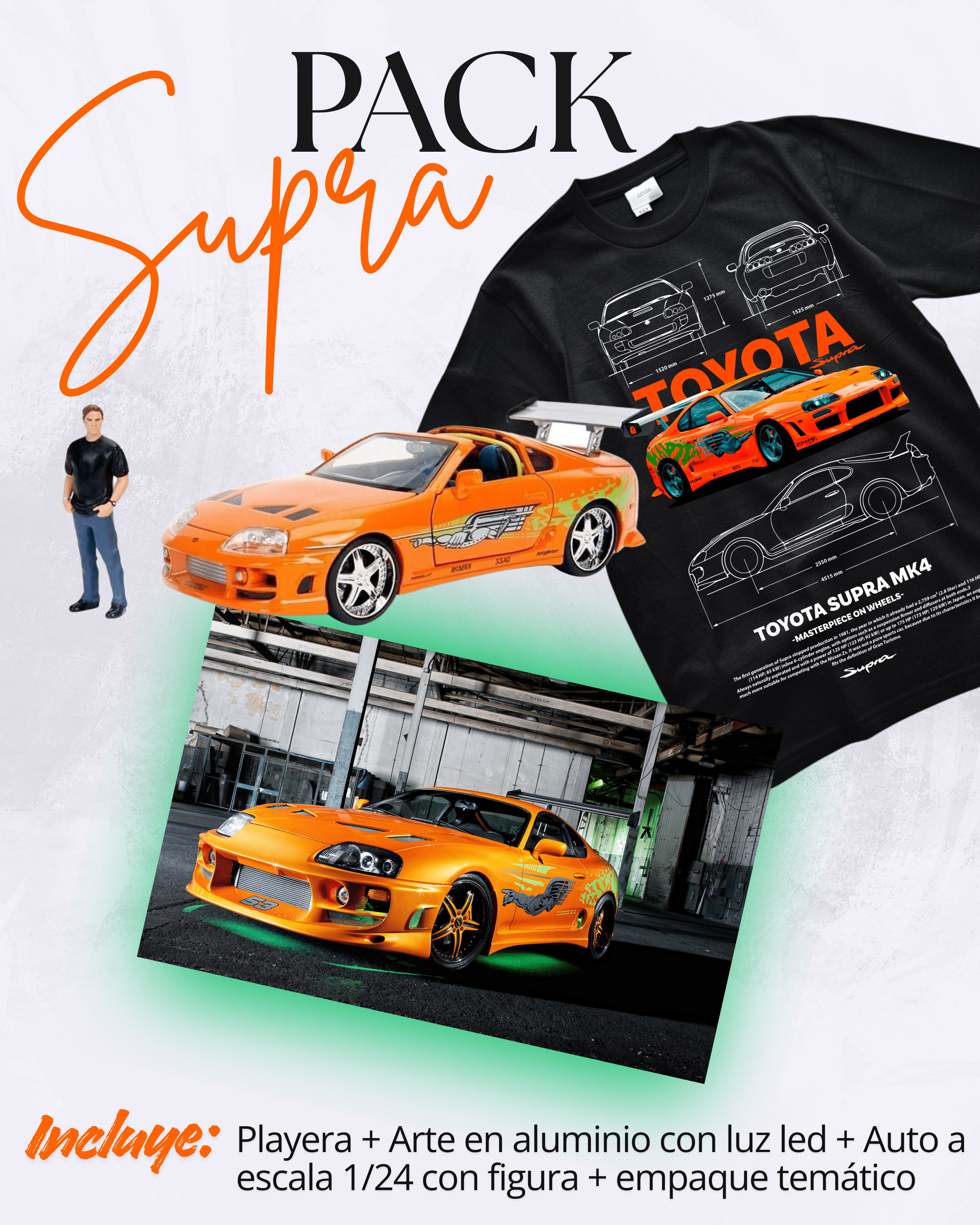 Pack Supra – Playera+ Arte en Aluminio con LED + Auto 1:24 con figura + Empaque temático - Chido Toys