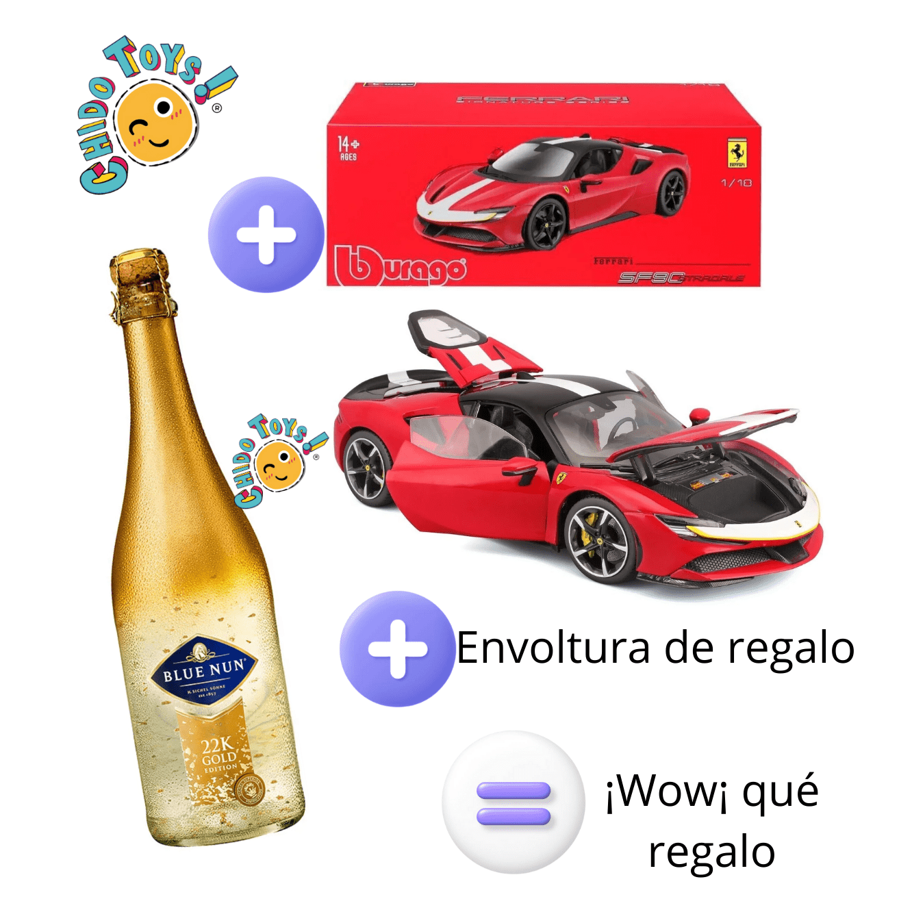Paquete Premium Ferrari SF90 Stradale 1:18 Burago Signature + Blue Nun 24K – Listo para regalo - Chido Toys