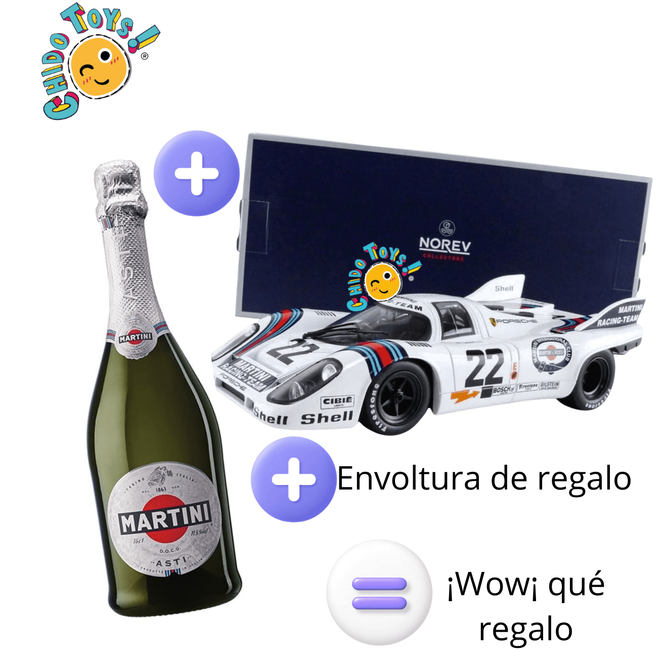 Paquete Regalo Premium: Porsche 917K Martini Racing 22 Le Mans 1971 1:18 (Norev) + Vino Espumoso Martini Asti 750 ml - Chido Toys