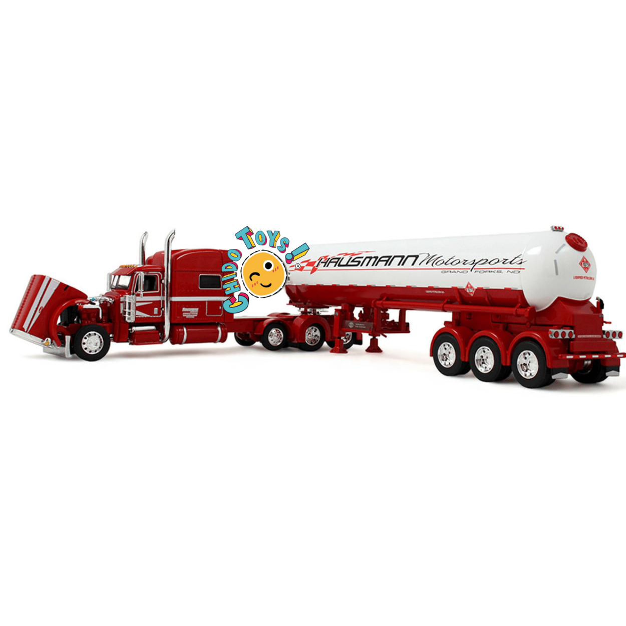 Peterbilt 389 con pipa Hausmann Motorsports a escala 1:64 Iconic Replicas – Réplica metálica con cofre abatible - Chido Toys