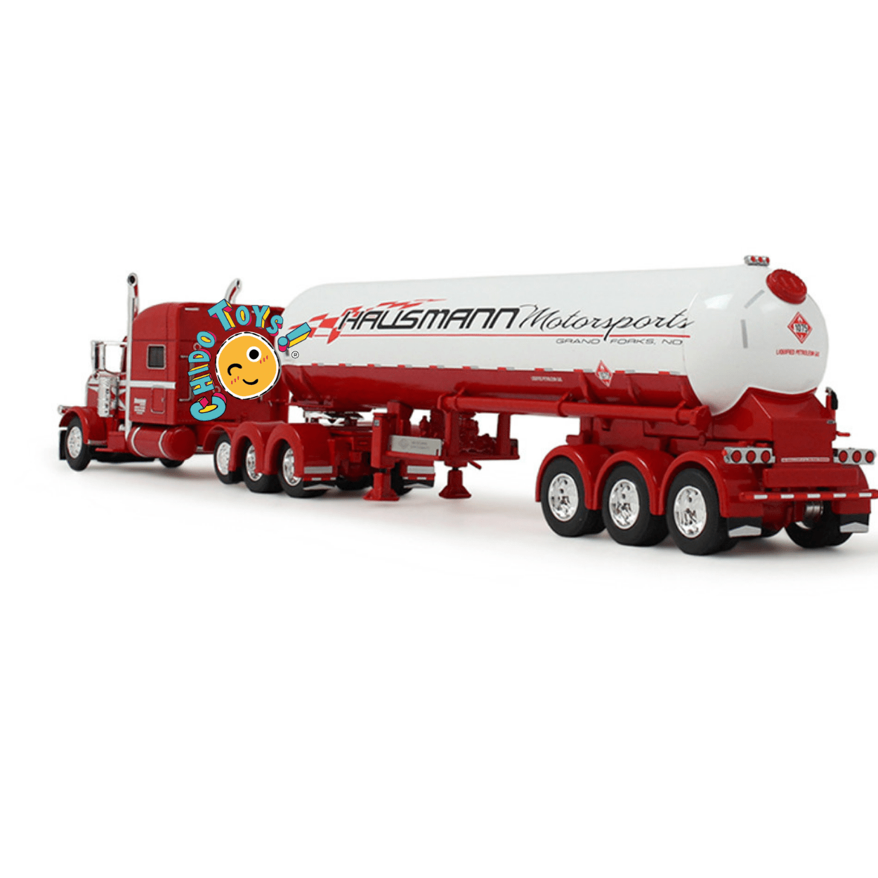 Peterbilt 389 con pipa Hausmann Motorsports a escala 1:64 Iconic Replicas – Réplica metálica con cofre abatible - Chido Toys