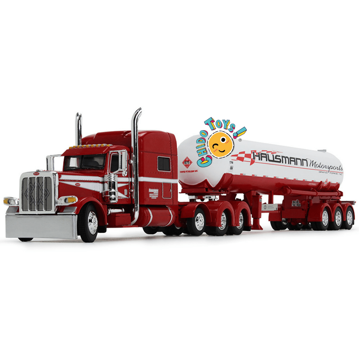 Peterbilt 389 con pipa Hausmann Motorsports a escala 1:64 Iconic Replicas – Réplica metálica con cofre abatible - Chido Toys