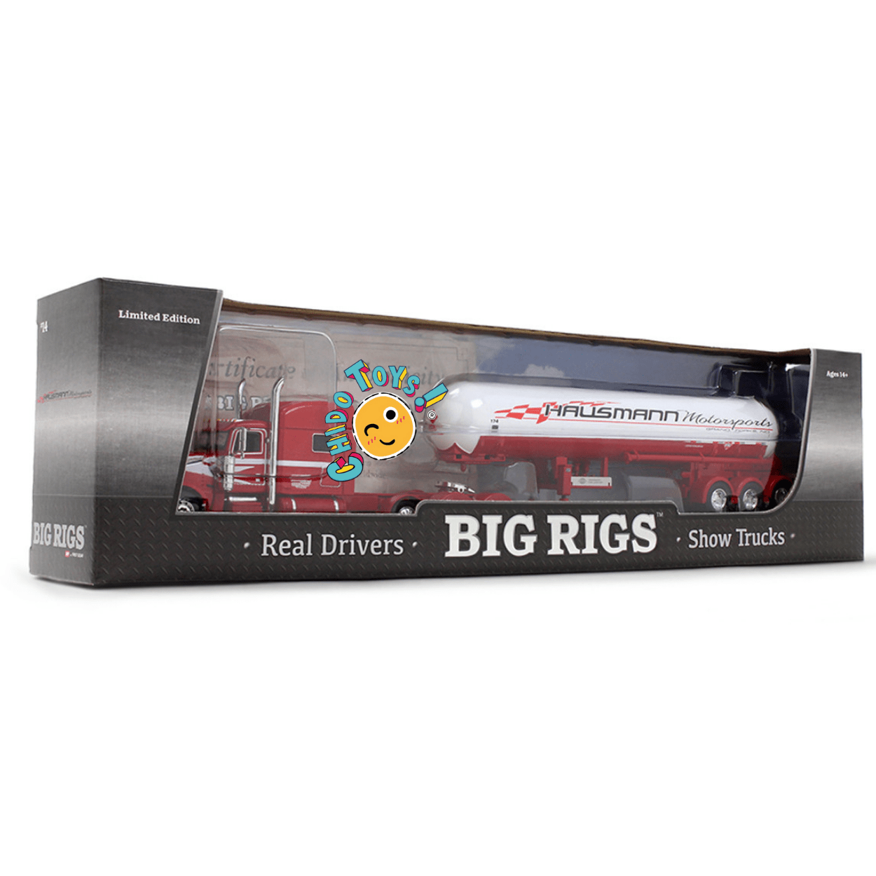 Peterbilt 389 con pipa Hausmann Motorsports a escala 1:64 Iconic Replicas – Réplica metálica con cofre abatible - Chido Toys