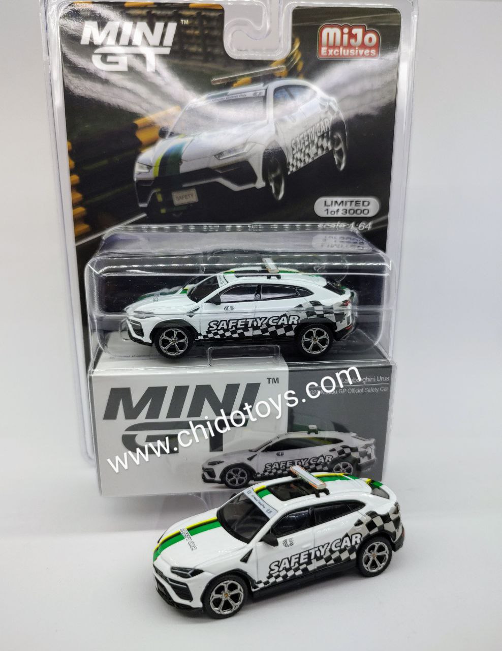 Auto a escala marca Mini GT, Modelo Lamborghini Urus 2022 Macau GP Official Safety Car