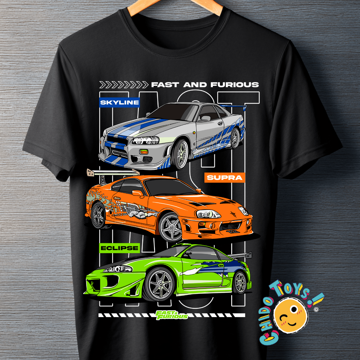 Playera Fast & Furious Negra – Skyline / Supra / Eclipse - Chido Toys