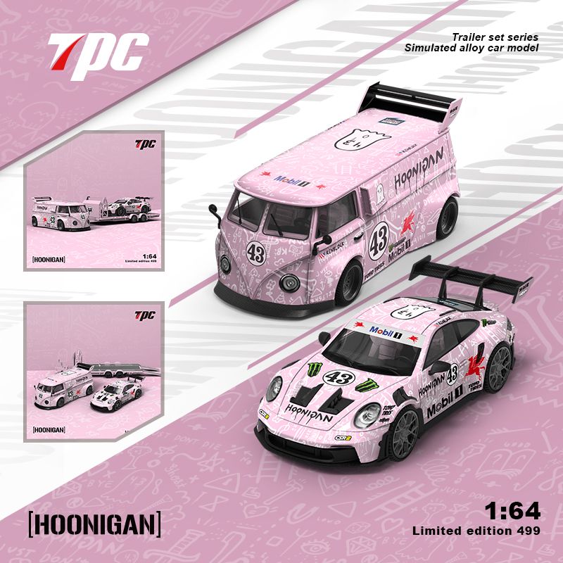 SET TPC Hoonigan Pink 1:64 con Porsche racing, trailer, van transportadora, llantas de goma y capelo acrílico