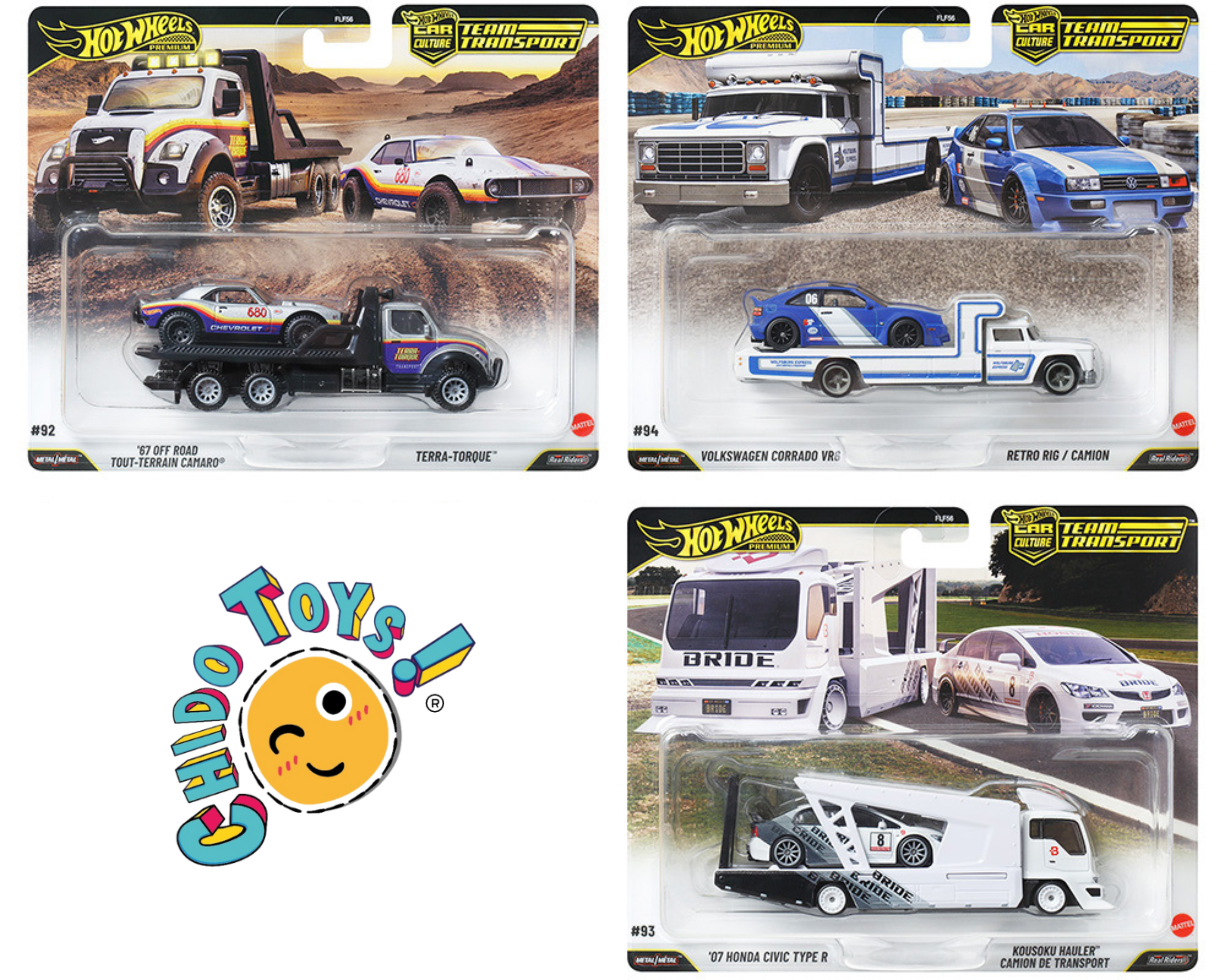 Set completo Hot Wheels Premium Team Transport con Volkswagen Corrado VR6, Honda Civic Type R y Camaro Off Road con transportes.
