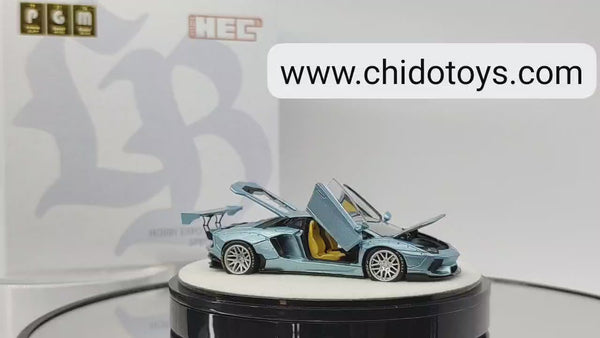 Auto a escala marca PGM, Modelo LBWK Lamborghini Aventador Azzurro THETYS, exclusivo de la HEC 2024