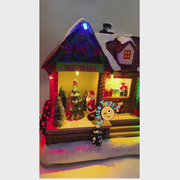 Villa Navideña con Luz y Música – “Tienda de Regalos de Santa” (árbol giratorio, USB)