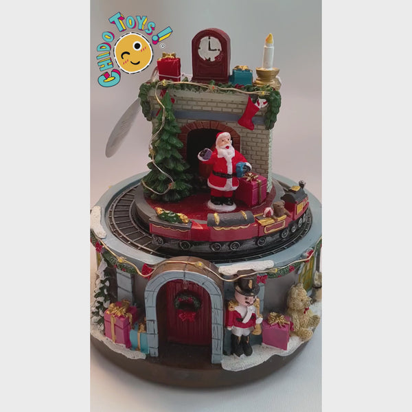 Villa navideña con tren — Luz LED y música (USB) 16×18 cm