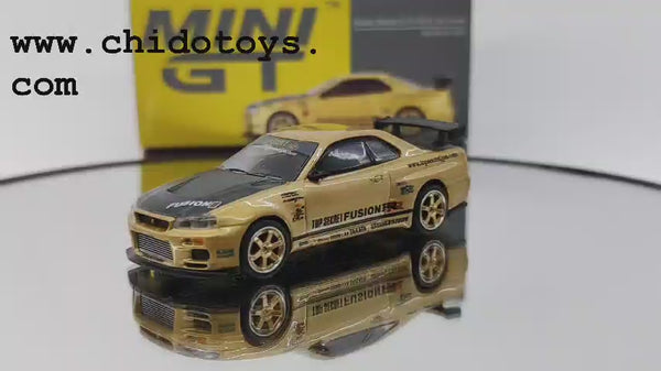 Auto a escala marca Mini GT, TOP SECRET Gold, Skyline GT-R R34