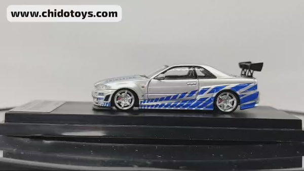 Auto a escala marca Fast Speed modelo Skyline GT-R R-34 plata-azul