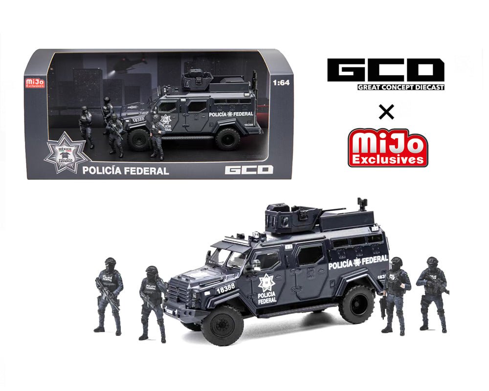 Próximo a llegar 🚗🔥 GCD 1:64 Set de diorama de vehículo blindado táctico de la Policía Federal de México con 4 figuras - Chido Toys