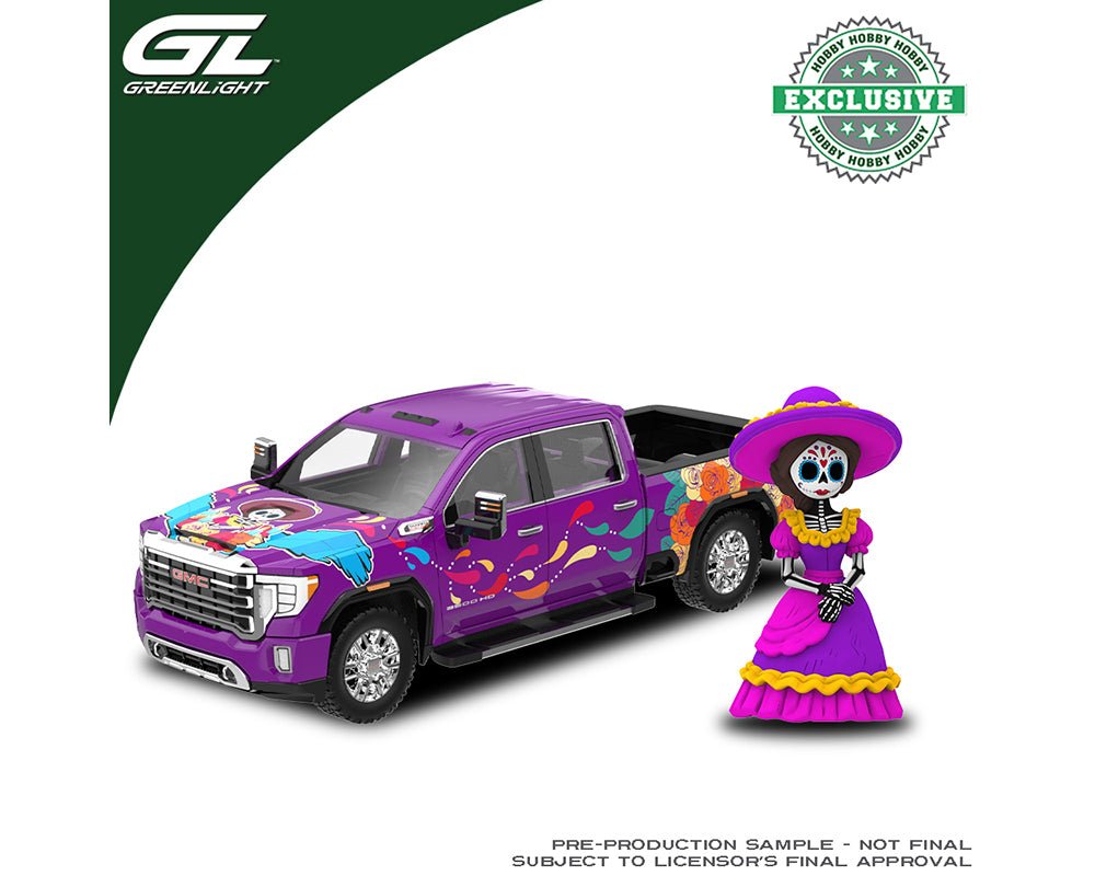 Próximo a llegar 🚗🔥Greenlight 1:64 2023 GMC Sierra 3500 HD - Día De Los Muertos con figura de La Catrina - Púrpura - Chido Toys