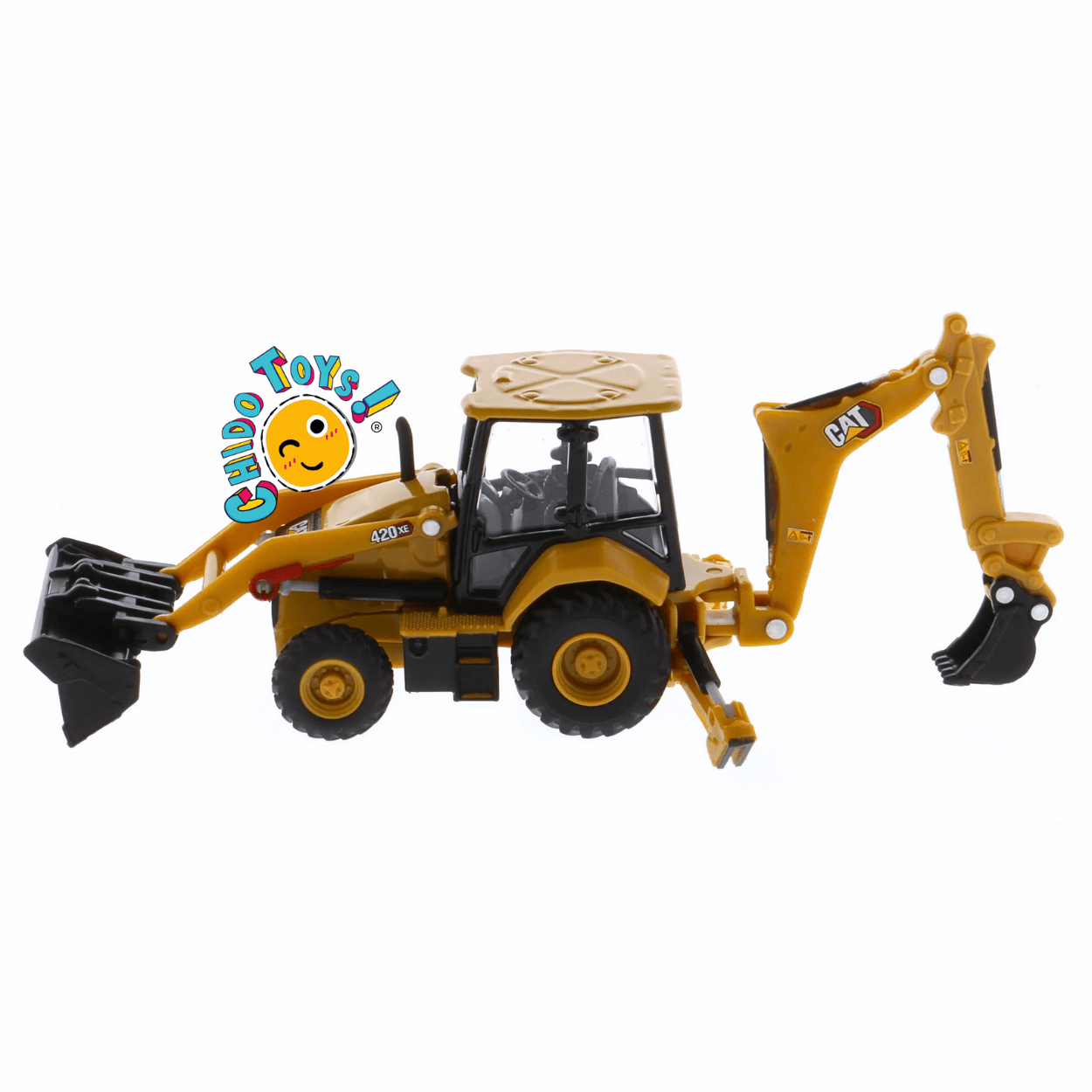 Retroexcavadora CAT 420 XE a escala 1:64 con llantas de goma funcionales - Chido Toys