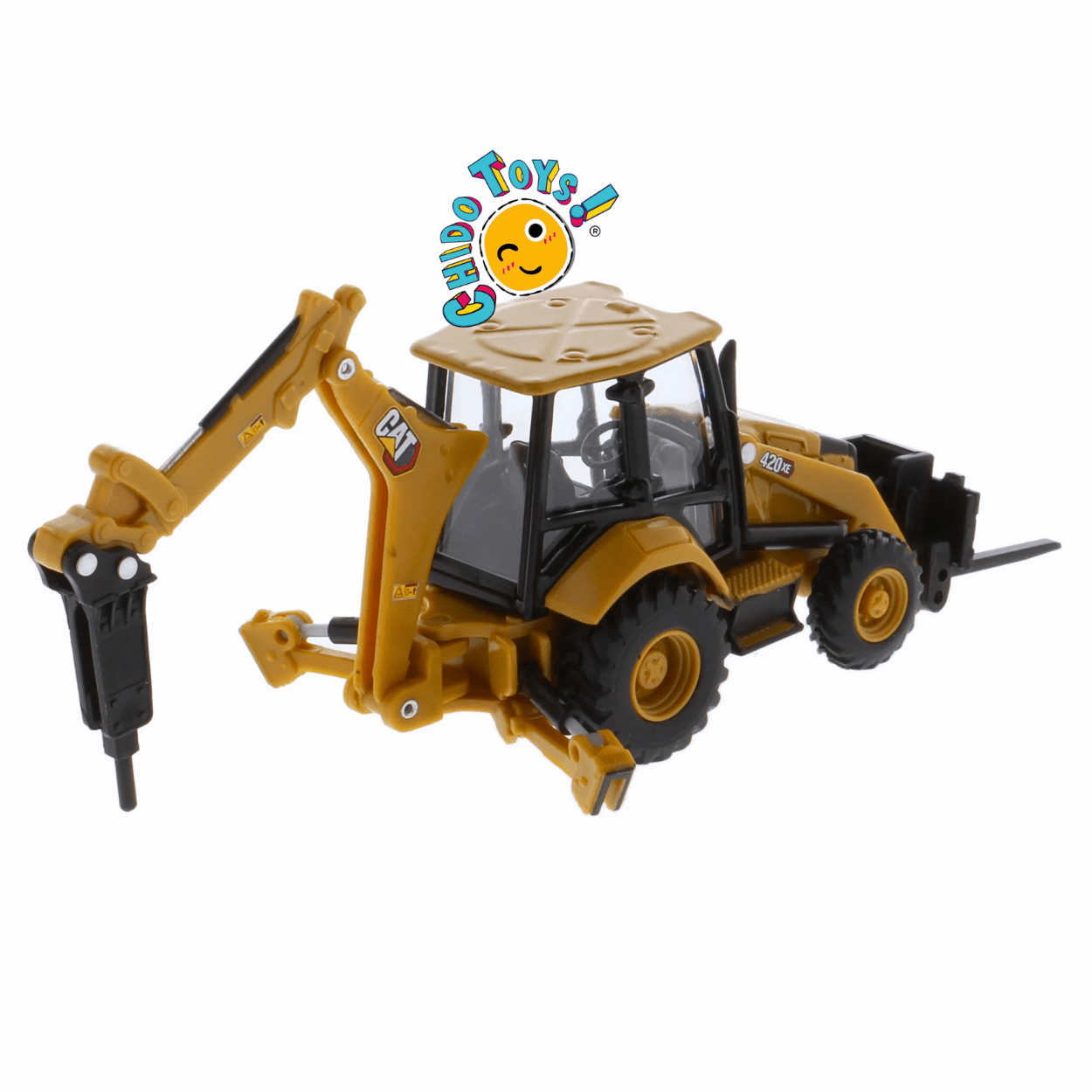 Retroexcavadora CAT 420 XE a escala 1:64 con llantas de goma funcionales - Chido Toys