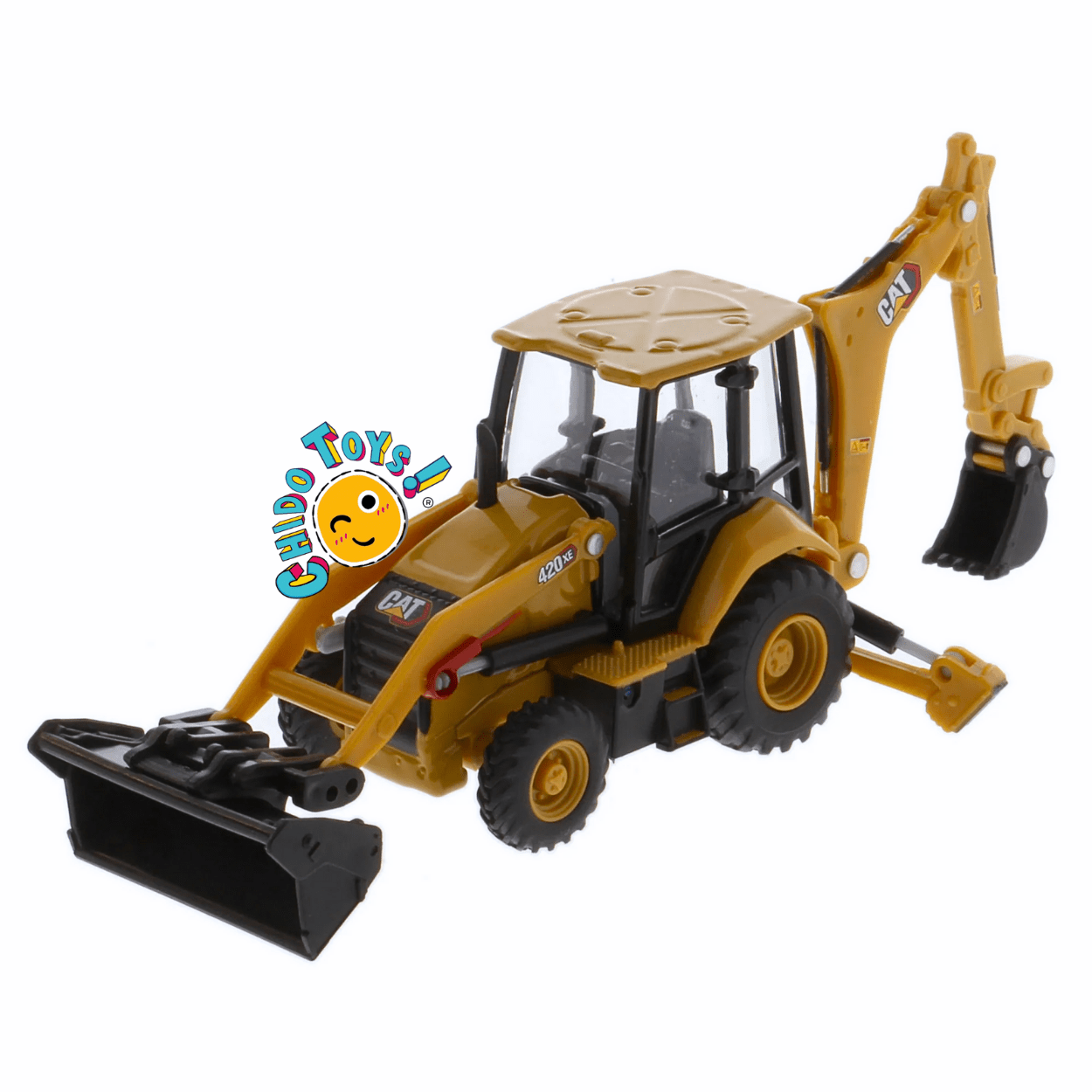 Retroexcavadora CAT 420 XE a escala 1:64 con llantas de goma funcionales - Chido Toys