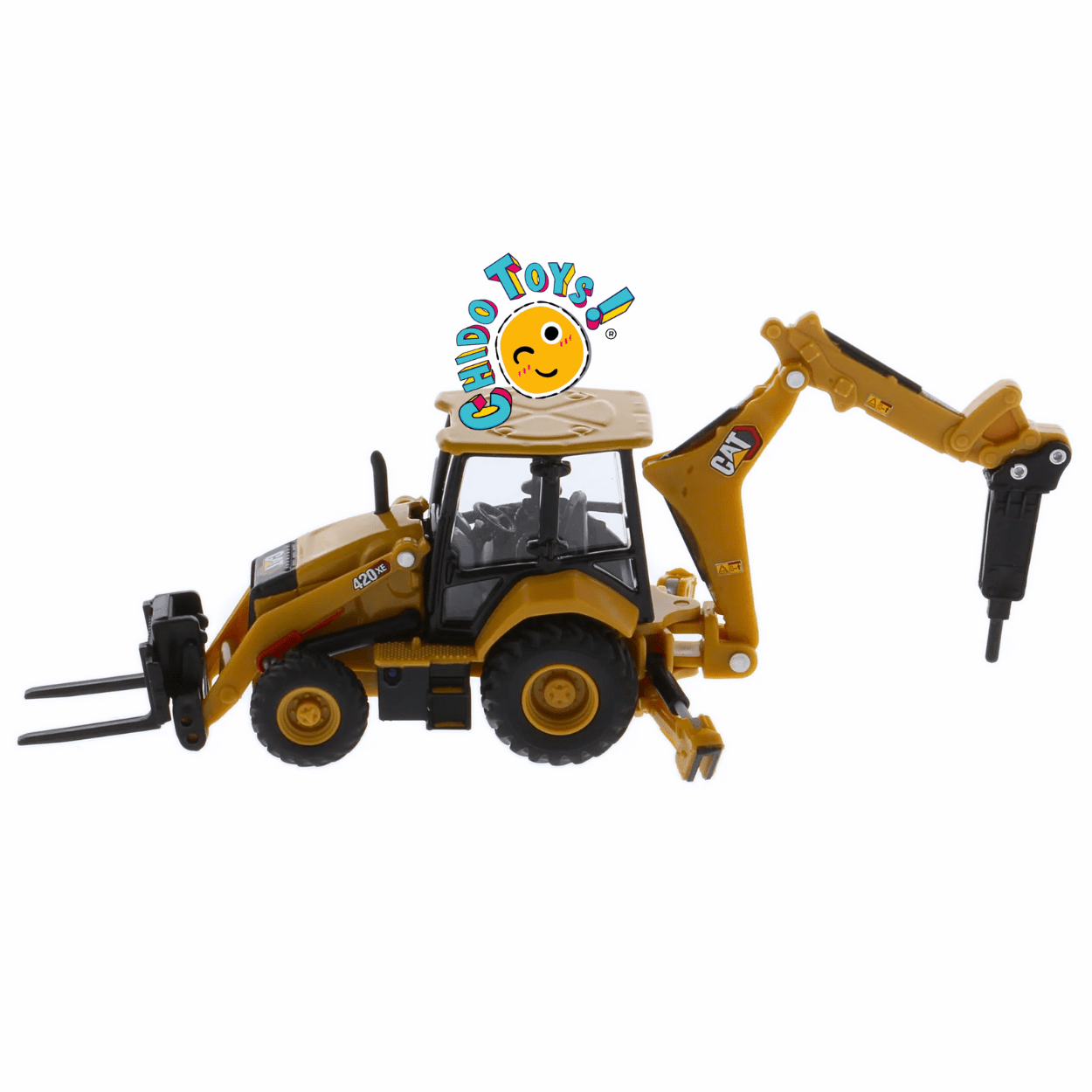 Retroexcavadora CAT 420 XE a escala 1:64 con llantas de goma funcionales - Chido Toys