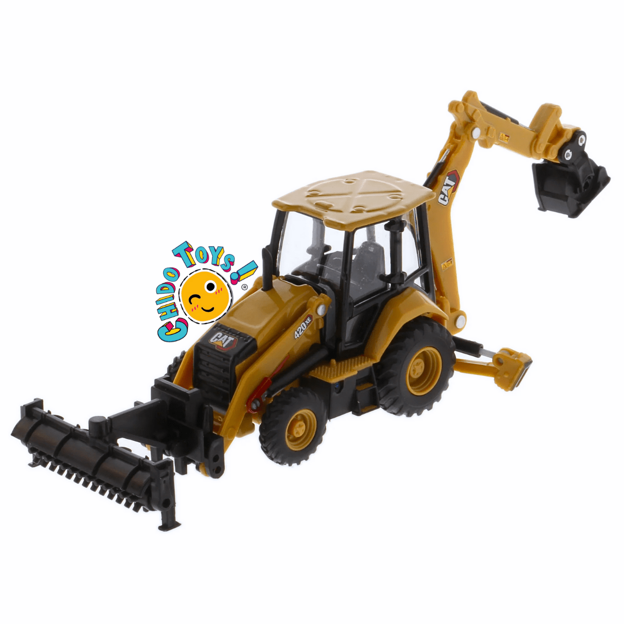 Retroexcavadora CAT 420 XE a escala 1:64 con llantas de goma funcionales - Chido Toys