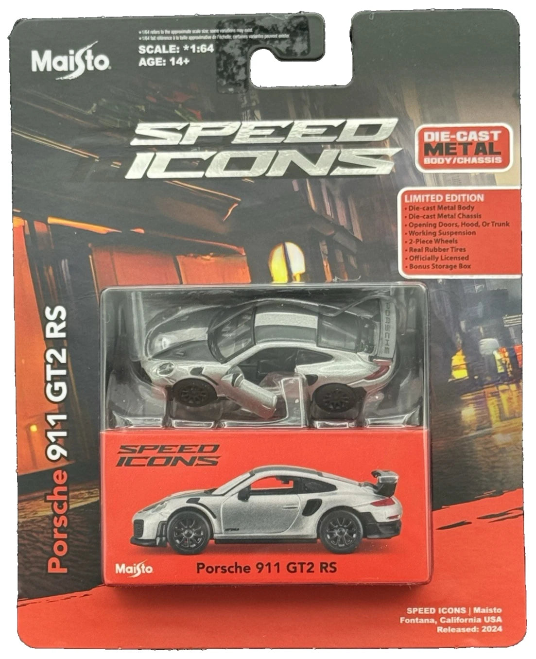 Maisto Speed Icons Porsche 911 GT2 RS 1:64 plateado con puertas abatibles