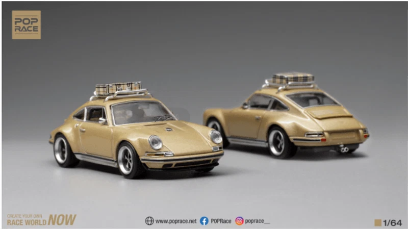 PoP Race Porsche Singer dorado 1:64 con rack y maleta, acabado metálico y llantas de goma estilo clásico