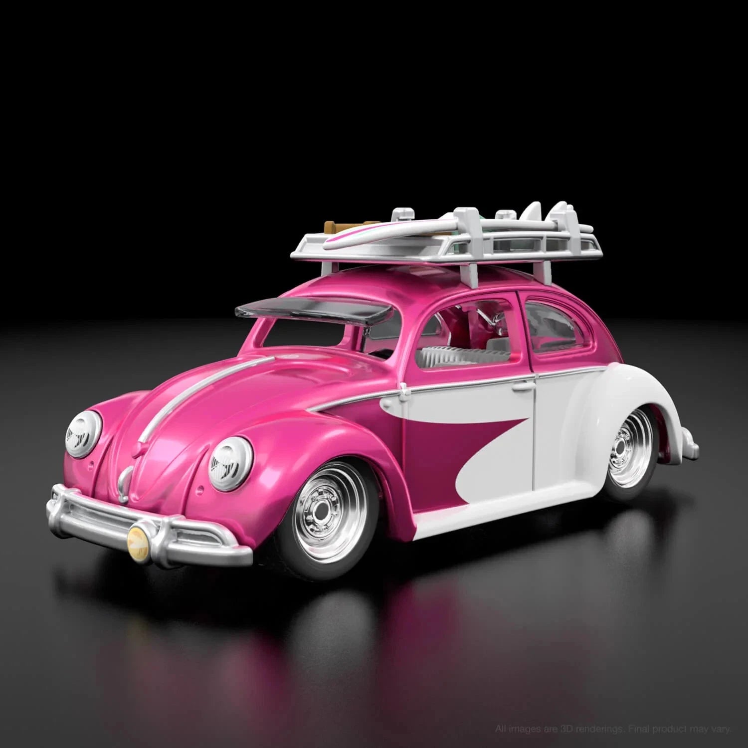 Hot Wheels RLC Volkswagen Kawa-Bug-A rosa y blanco con tabla de surf sobre el techo