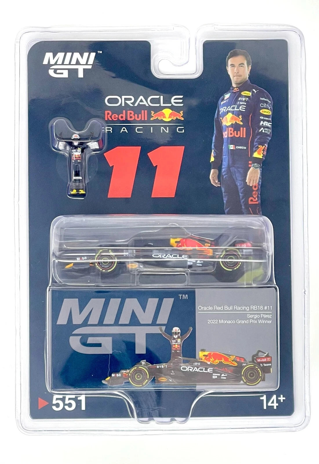 Mini GT Oracle Red Bull Racing RB18 #11 Sergio Pérez – Monaco GP Winner 2022 – 1:64 con figura